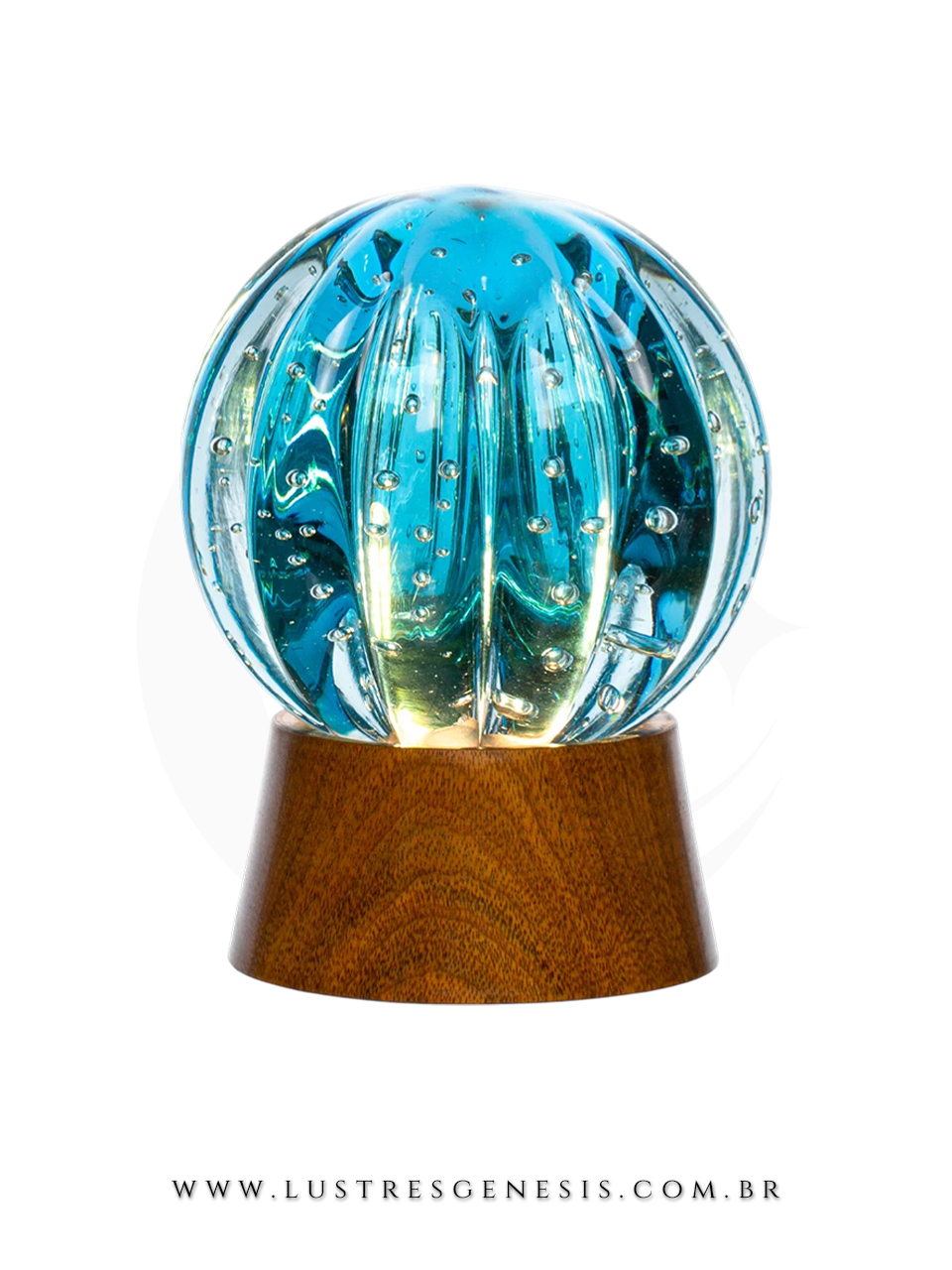 Abajur de Mesa Esfera Dear Murano Aquamarine Base Madeira Para Quarto Sala Cabeceira Iluminacao Decorativa